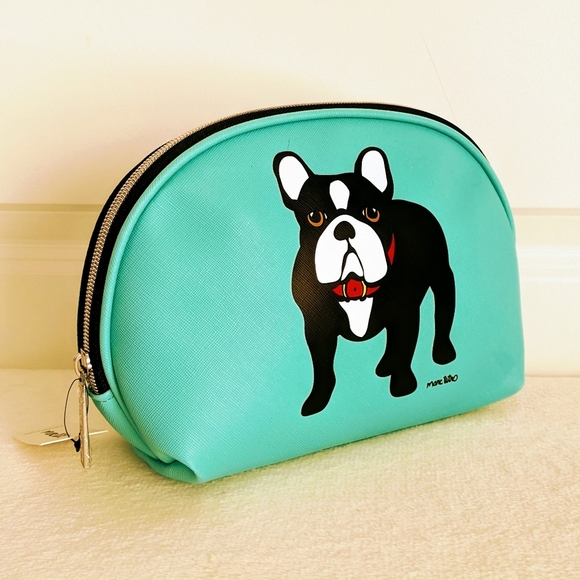 marc tetro Frenchie Large Cosmetic Case Pouch Bag PVC Saffiano Aqua NWT - Picture 4 of 12